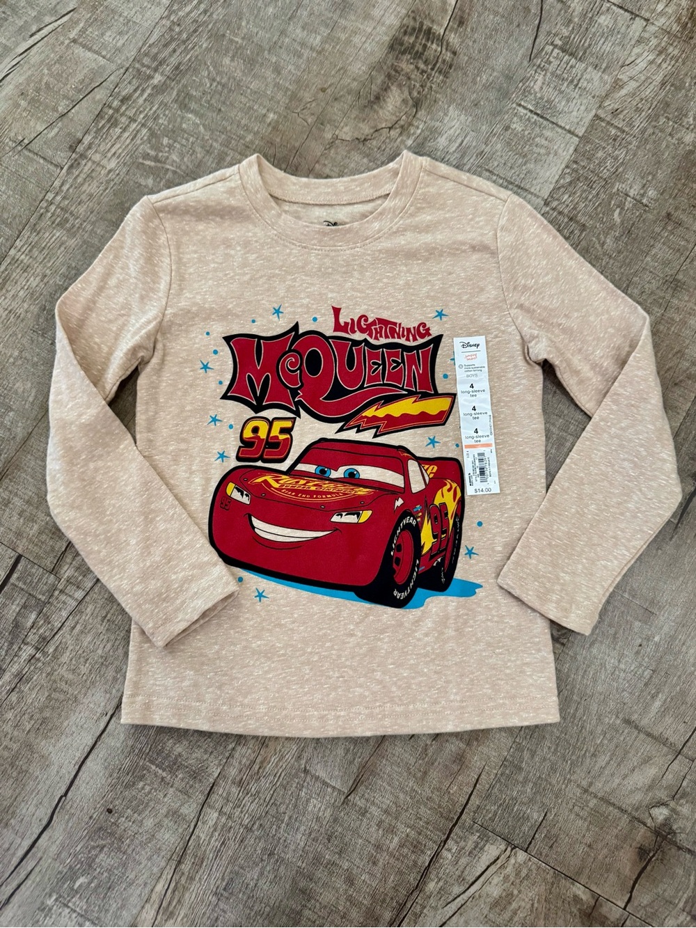 Disney Pixar Cars Lightning McQueen Long Sleeve Tee Boys 4T Beige NWT